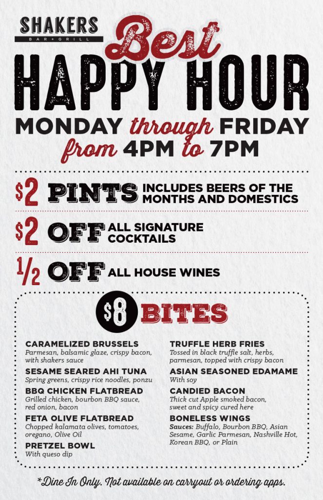 Enjoy Happy Hour menu at Shakers Bar & Grill | Food Specials